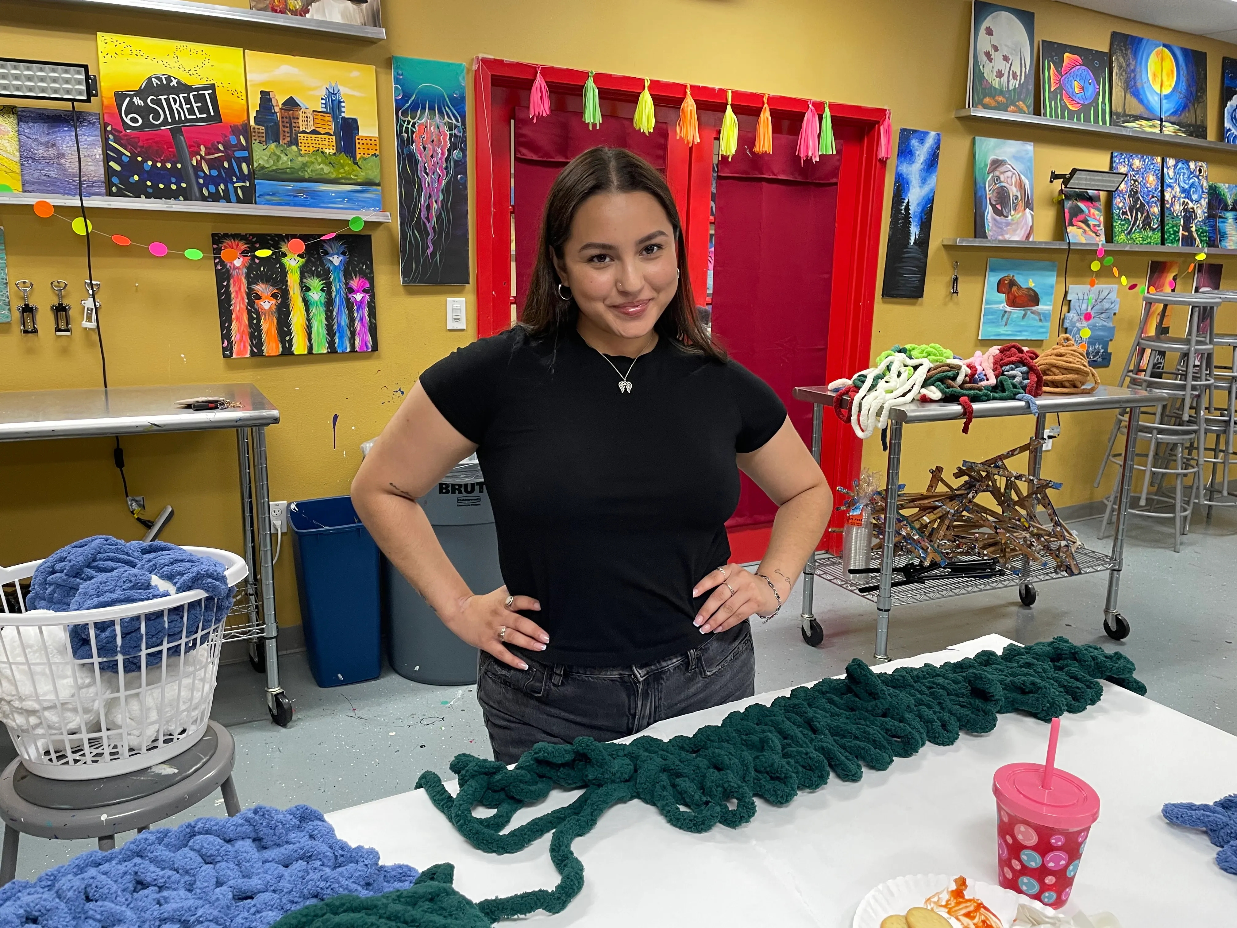 Hutto Hippo Family Dental staff working on chunky knit projects